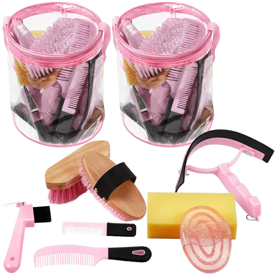 Cunhill 2 Sets Horse Grooming Kit Tack Room Supplies Hard and Soft Horse Brush- Oval Massage Curry- Hoof Pick- Sweat Scraper- Bathing Sponge- Combs- Organizer Tote Bag for Horse Riders Beginners- Pink